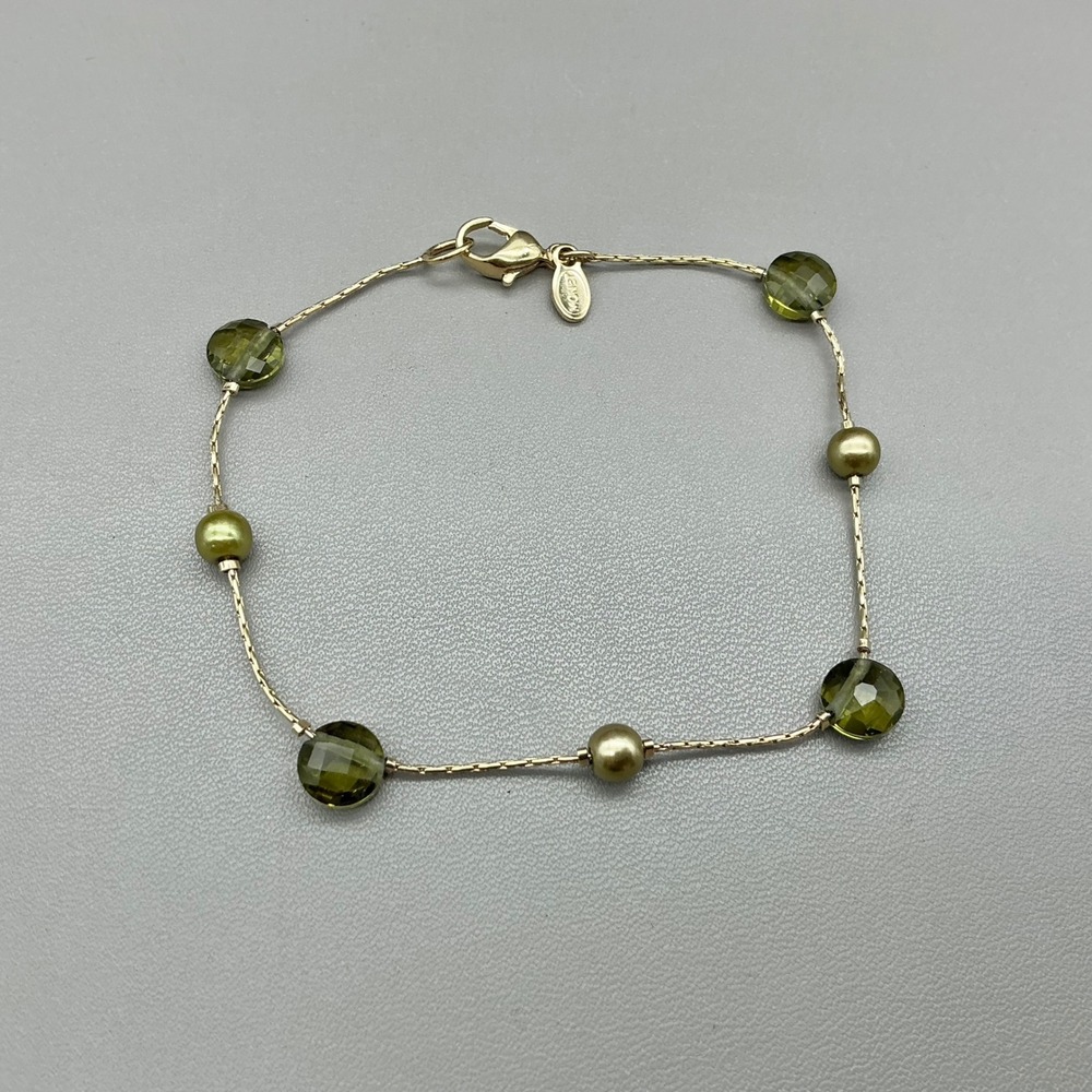 Monet Bracelet Women Green Gold Tone Beaded Faux Pearl Faceted Glass Bead 7.5"
